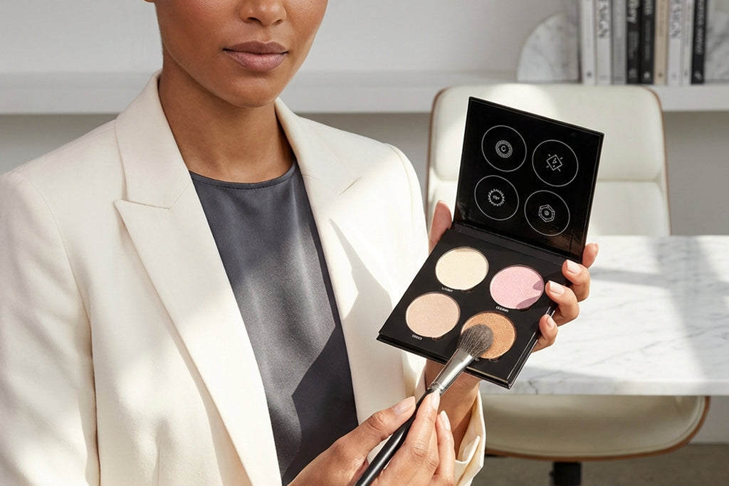 Person holding a makeup palette with a brush, sitting in a well-lit room.