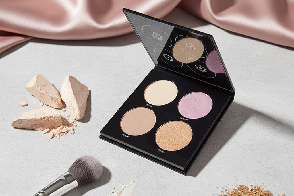 Makeup palette with four circular shades on a light surface with pink fabric in the background