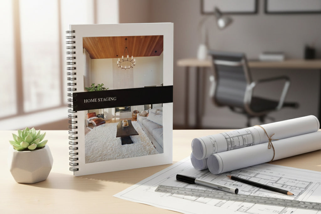 Home staging book on a desk with architectural plans and a plant