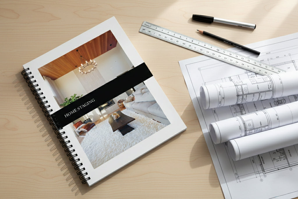 Home staging book with architectural plans and tools on a wooden surface