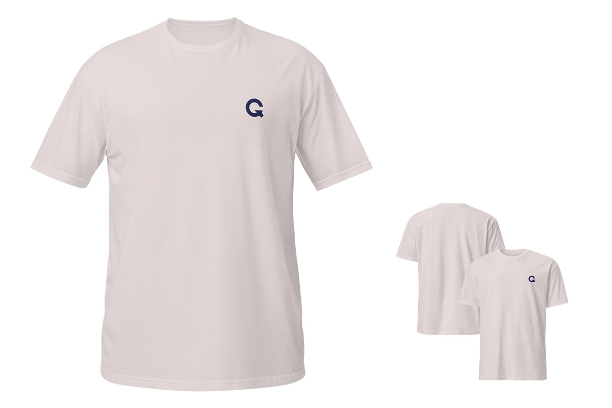 White t-shirt with a small blue QC logo on a white background