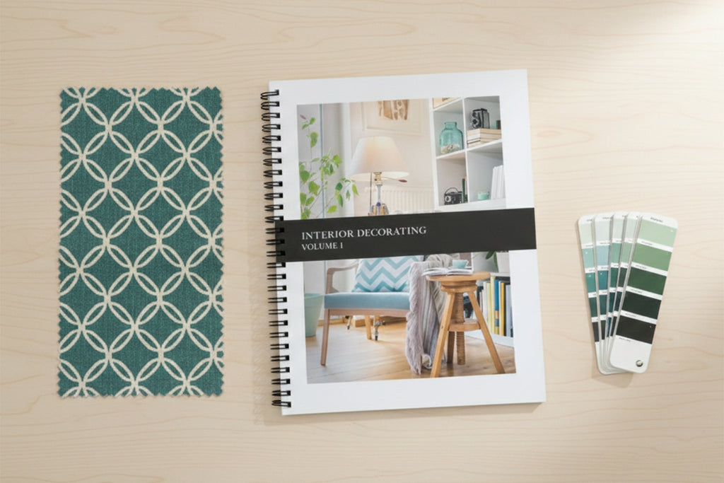 Interior decorating book with a patterned notebook and color swatches on a beige surface