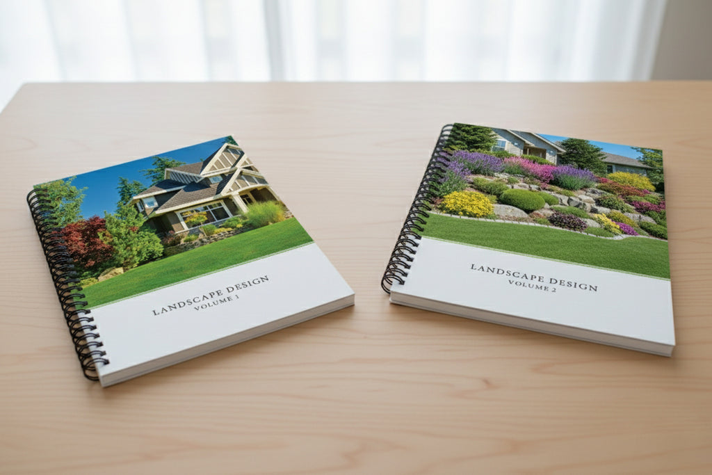 Two landscape design books on a wooden surface with a blurred curtain background.