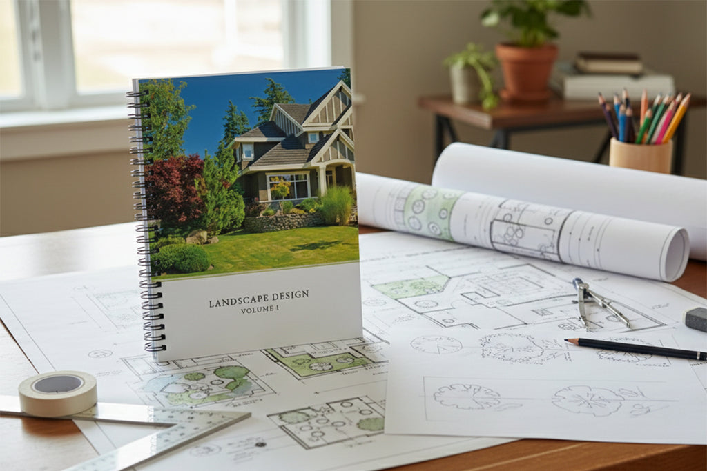 Landscape design book on a table with blueprints and tools