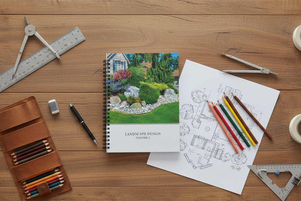 Landscape design notebook with pencils and drawing tools on a wooden surface