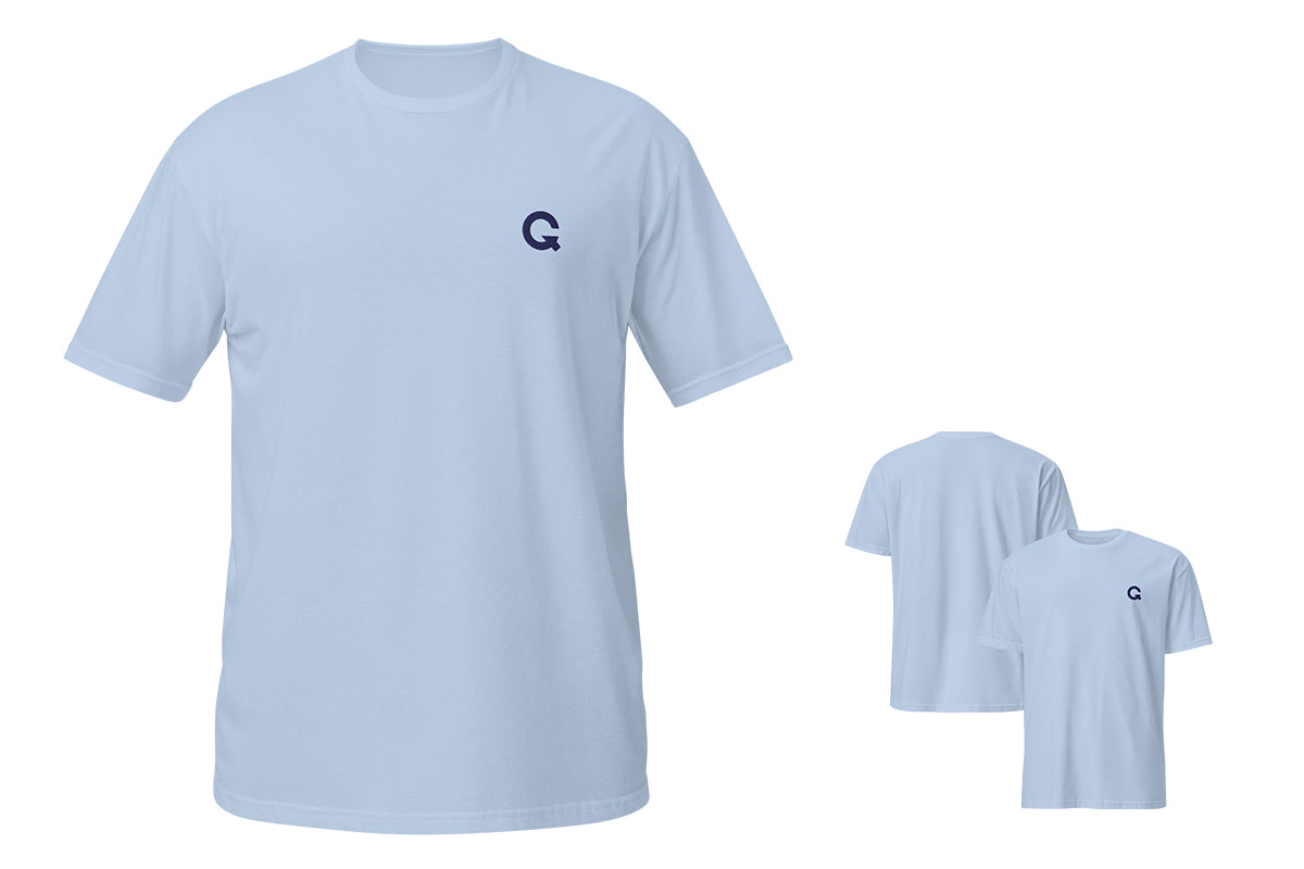 Light blue t-shirt with a QC logo on a white background