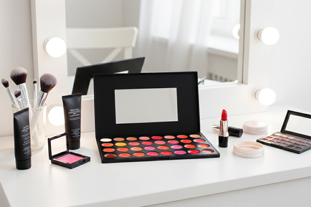 Makeup palette with brushes and products on a vanity table