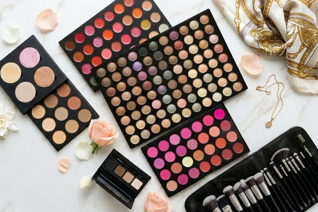Makeup palettes with various colors and makeup brushes on a light surface.