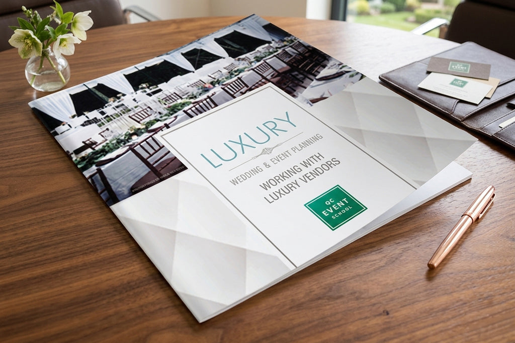 Booklet titled 'Luxury Wedding & Event Planning' on a wooden table with a pen and flowers.