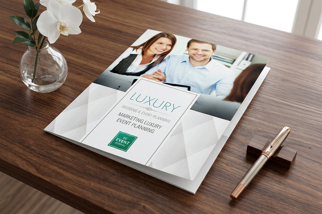 Booklet titled 'Marketing Luxury Event Planning' on a wooden table with a pen and vase.