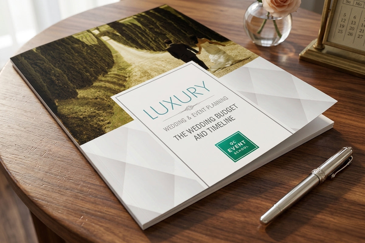 Wedding planning book titled 'Luxury Wedding & Event Planning' on a wooden table with a pen.