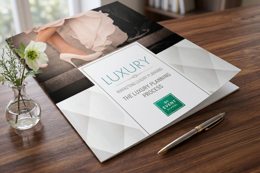 Booklet titled 'Luxury' on a wooden table with a pen and flower vase.