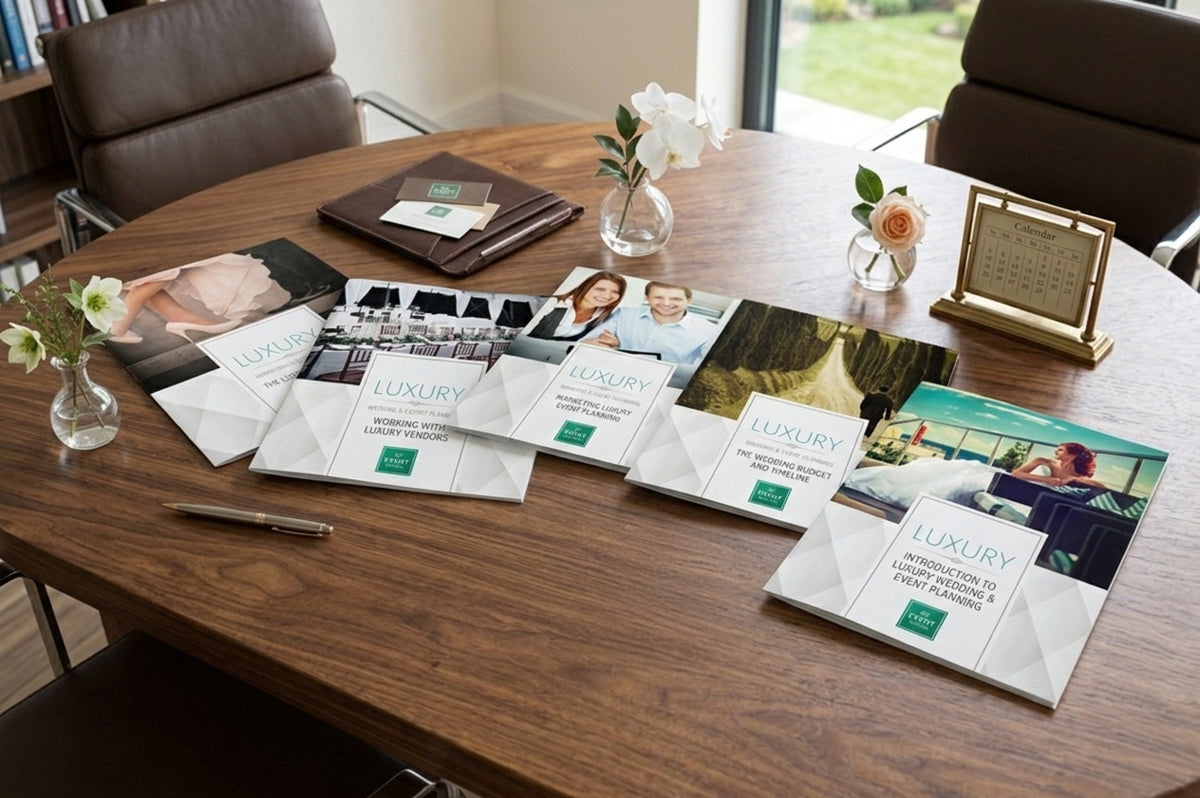 Educational booklets and a pen on a wooden table with chairs in the background