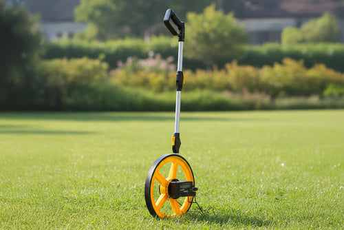 Measuring wheel on grass with blurred greenery in the background