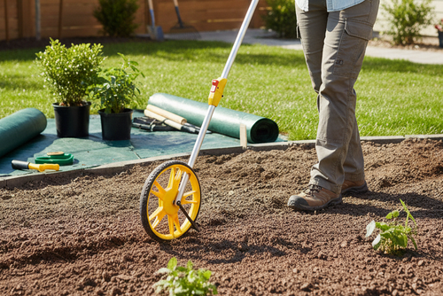 Person using a measuring wheel device on a garden bed with tools and plants in the background.