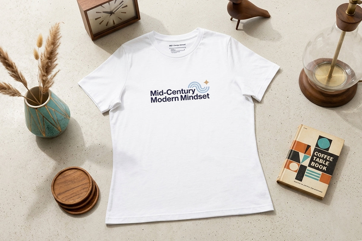 White t-shirt with 'Mid-Century Modern Mindset' text on a light surface with decorative items.