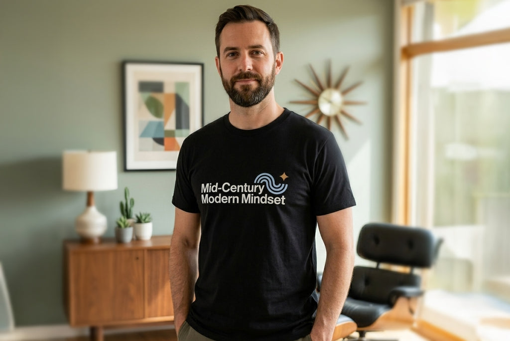 A bearded man wearing a black t-shirt that reads "Mid-Century Modern Mindset" stands in a stylishly decorated room. The background features mid-century modern furniture, including a wooden sideboard, a starburst wall clock, and a black Eames-style lounge chair against sage green walls.