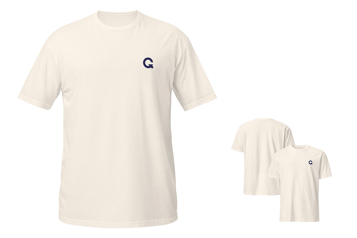 White t-shirt with a QC logo on a white background