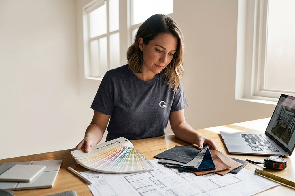 A photograph of a woman seated at a wooden desk filled with architectural and interior design materials. She is reviewing an open color swatch book and various fabric and leather samples. Large floor plans, architectural tiles, a measuring tape, and a laptop are spread out before her, all under bright natural daylight from background windows.