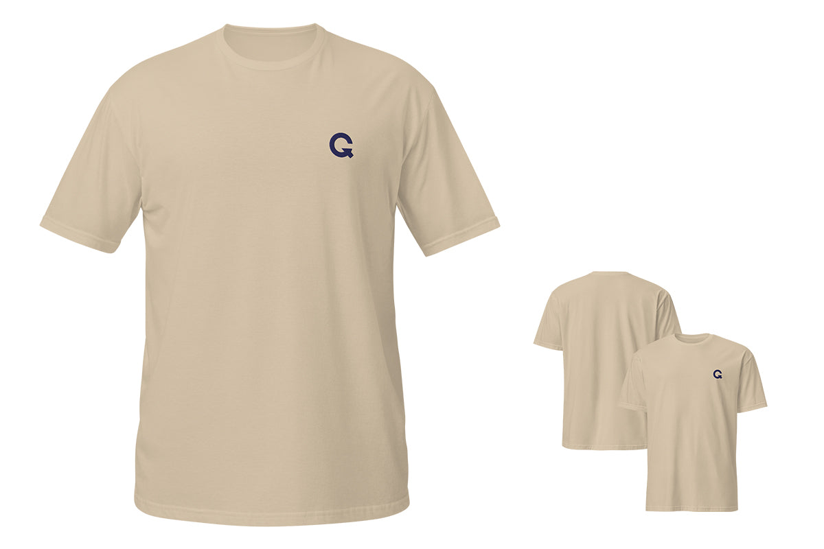 Beige t-shirt with a QC logo on a white background