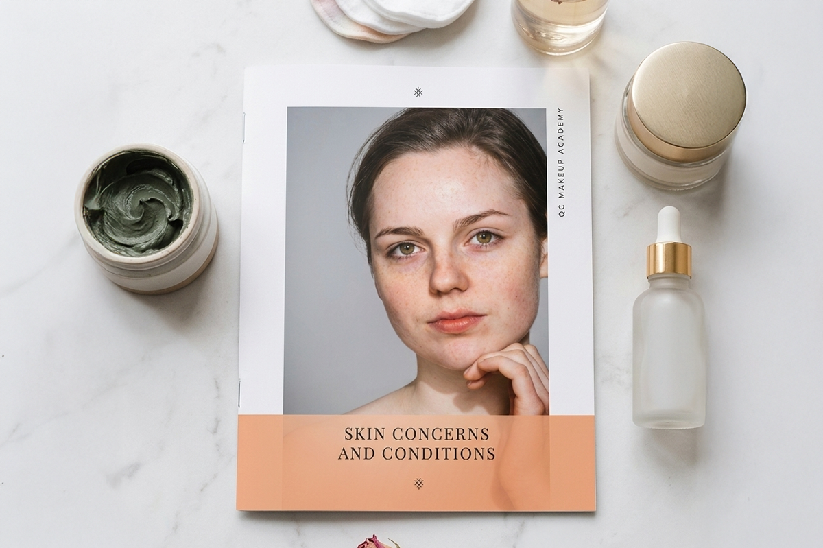 Skincare products and a book titled 'Skin Concerns and Conditions' on a marble surface