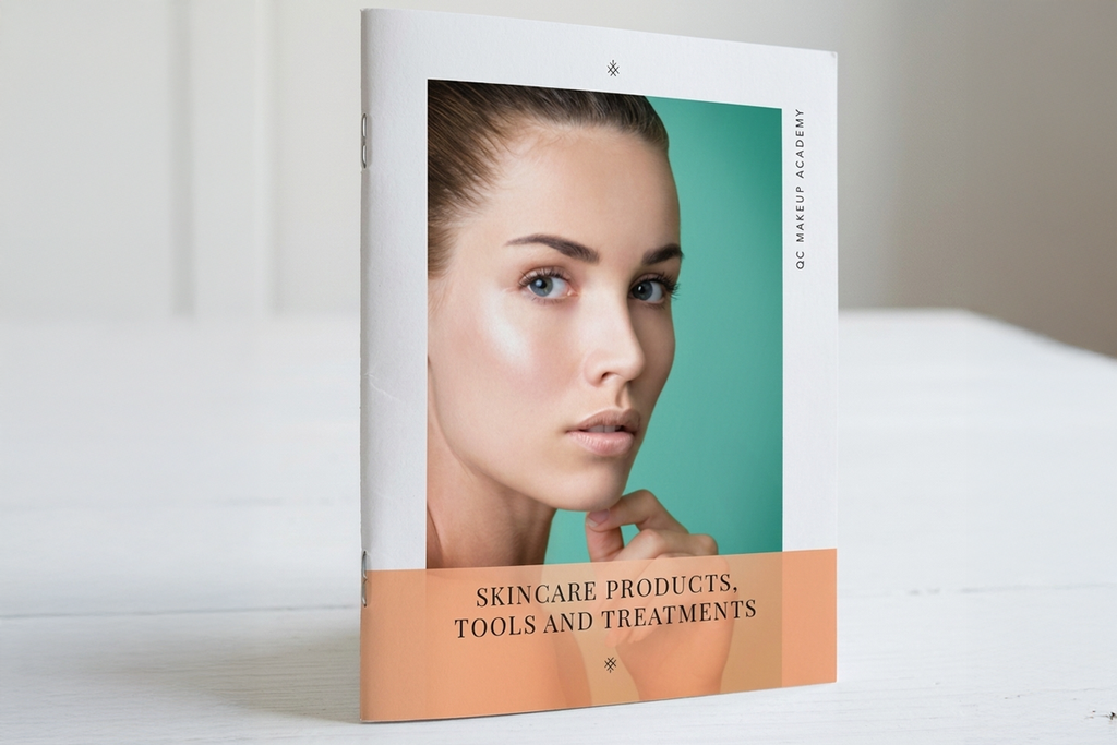 Book titled 'Skincare Products, Tools and Treatments' with a woman's face on the cover, placed on a white surface.