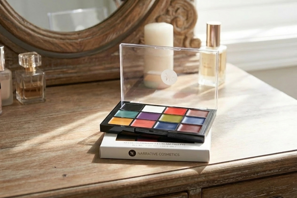 Makeup palette on a wooden surface with candles and a mirror in the background