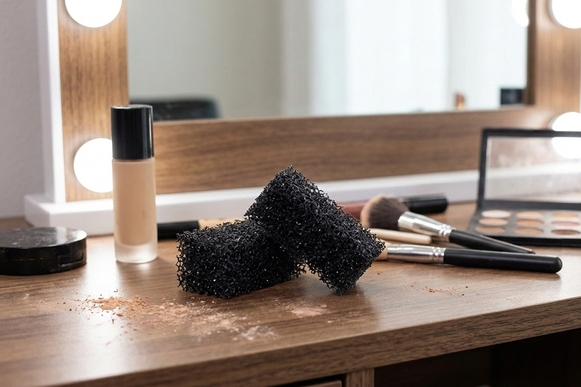 Makeup brushes and sponges on a wooden surface with a mirror in the background