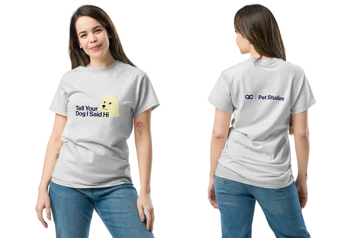 Person wearing a gray t-shirt with a dog graphic and text, showing front and back views.