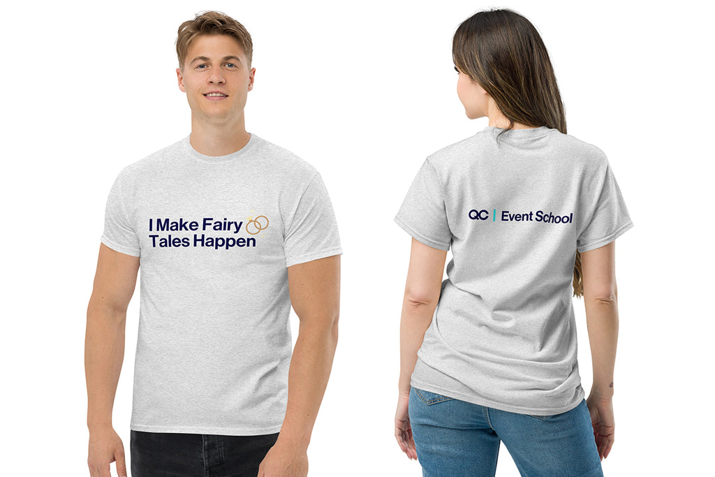 Two people wearing gray t-shirts with QC Event School text on a white background