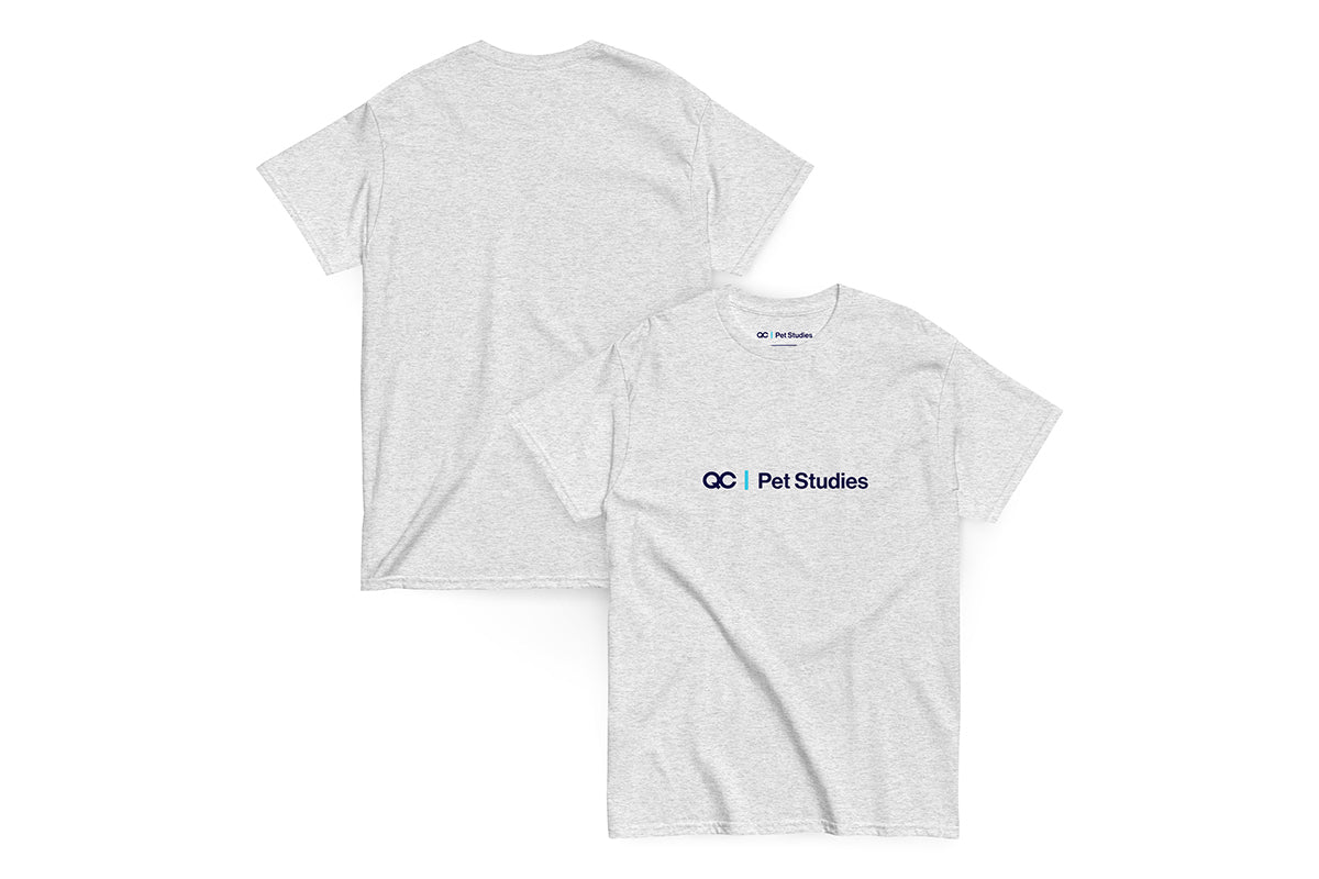 Gray t-shirt with 'QC Pet Studies' logo on a white background
