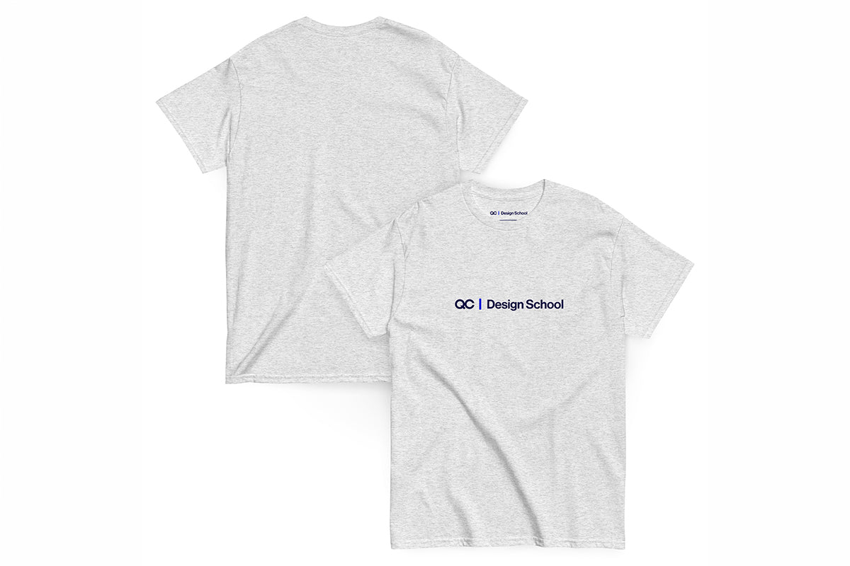 Gray t-shirt with QC Design School on the front and back on a white background