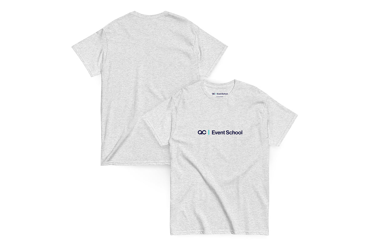Gray t-shirt with 'QC Event School' logo on a white background