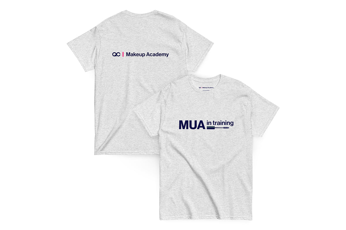 Back and front of light gray t-shirt. Back reads "QC Makeup Academy", front reads "MUA in Training"