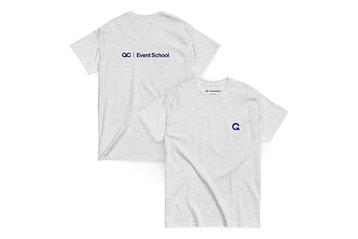 Back and front of a gray t-shirt. Back reads "QC Event School" and front features Q logo.