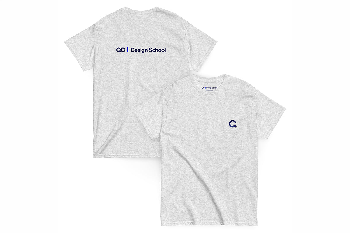 Two gray shirts, front and back with QC Design School logos on a white background