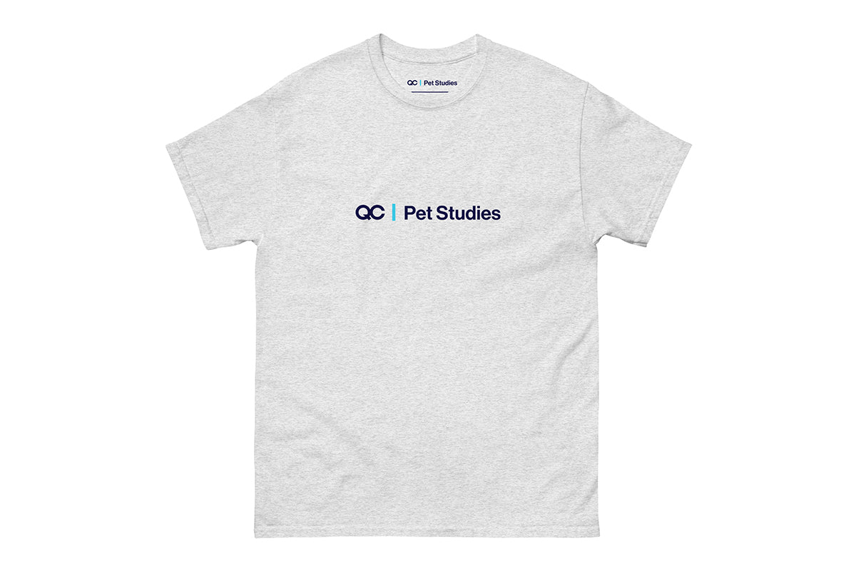 Gray t-shirt with 'QC Pet Studies' logo on a white background