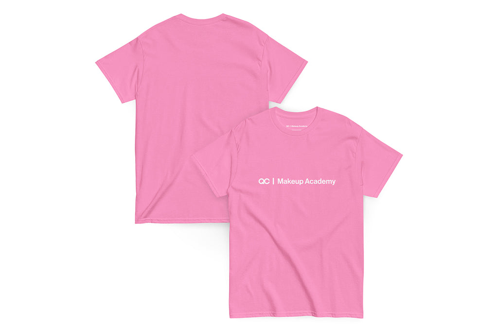 Front and back of a pink t shirt. The front reads "QC Makeup Academy"