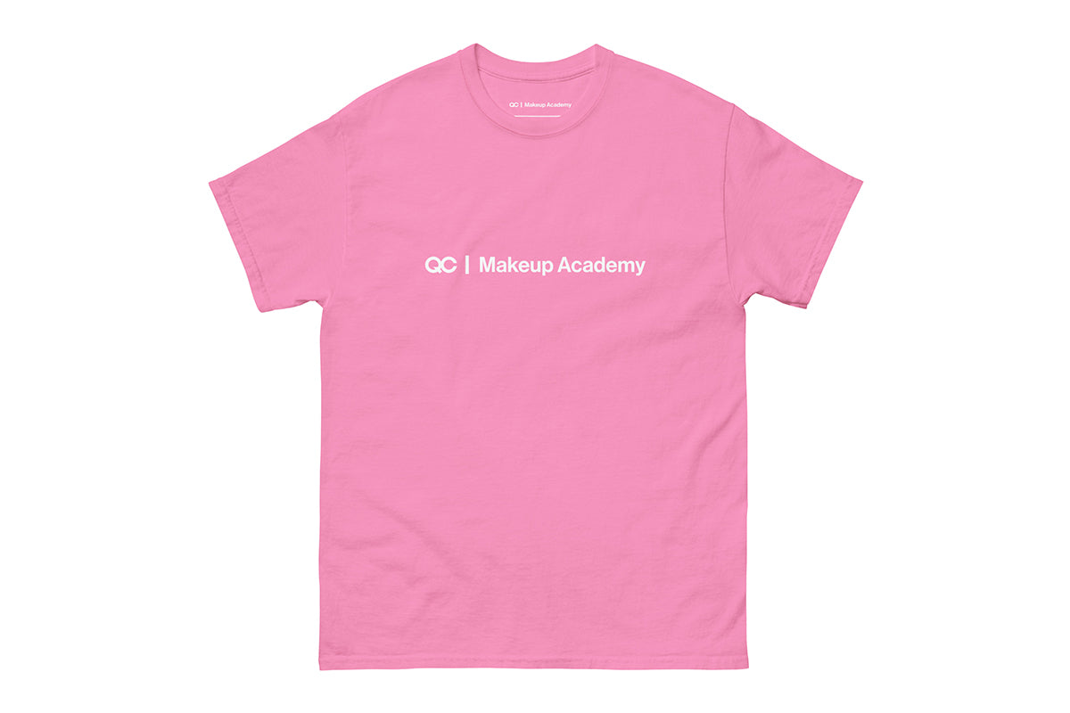 Pink t-shirt with 'QC Makeup Academy' text on a white background