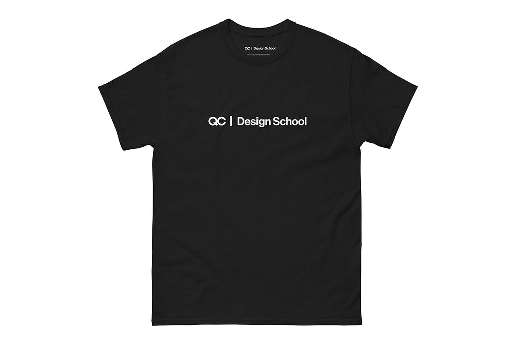 Black t-shirt that reads "QC Design School"