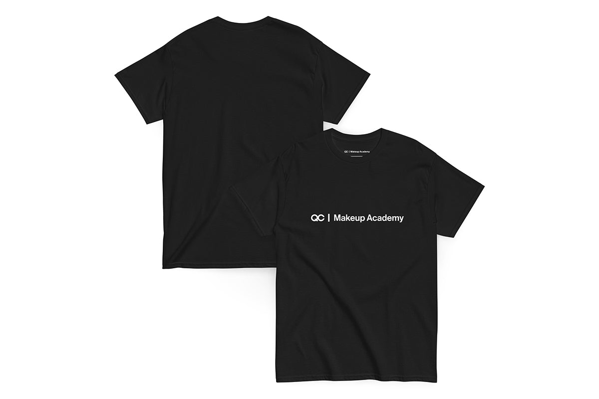 Front and back of a black t shirt. The front reads "QC Makeup Academy"