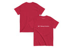 Front and back of a red t shirt. The front reads "QC Makeup Academy"