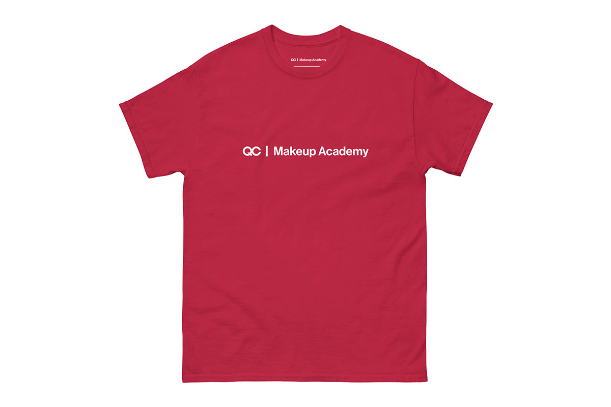 Red t-shirt with 'QC Makeup Academy' text on a white background