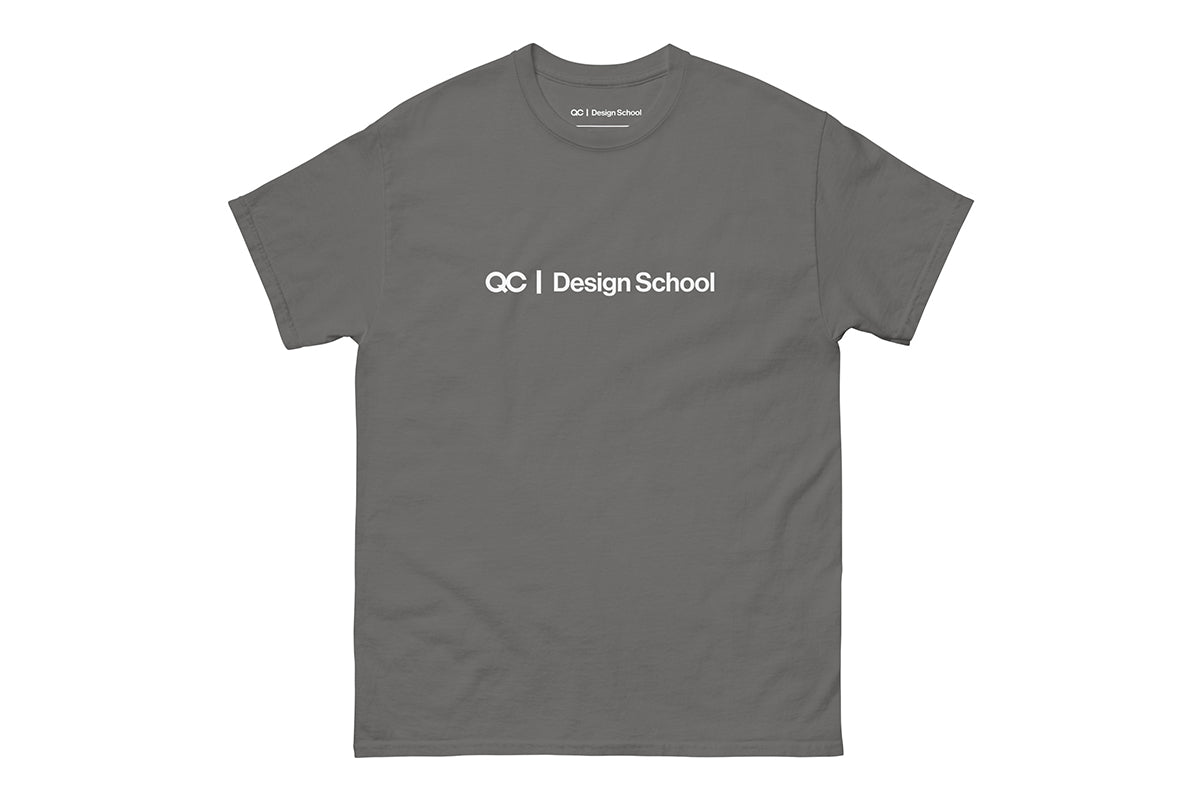Charcoal t-shirt that reads "QC Design School"