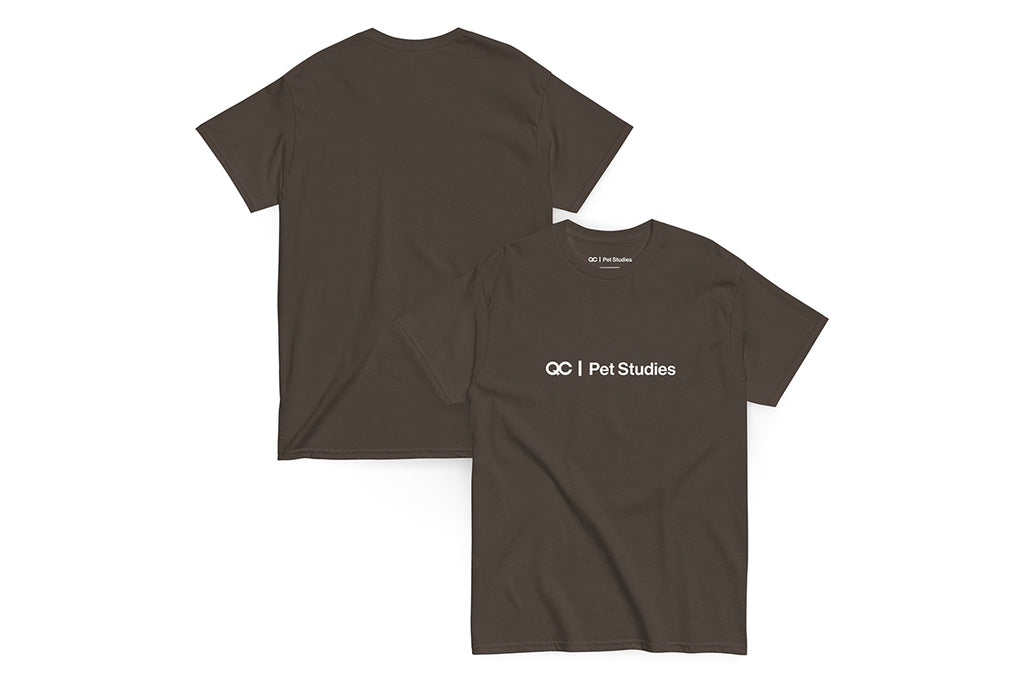 Brown t-shirt with 'QC Pet Studies' text on a white background