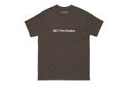 Brown t-shirt with 'QC Pet Studies' text on a white background