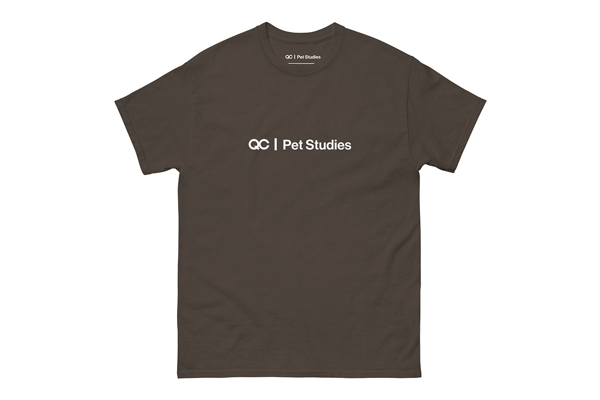 Brown t-shirt with 'QC Pet Studies' text on a white background