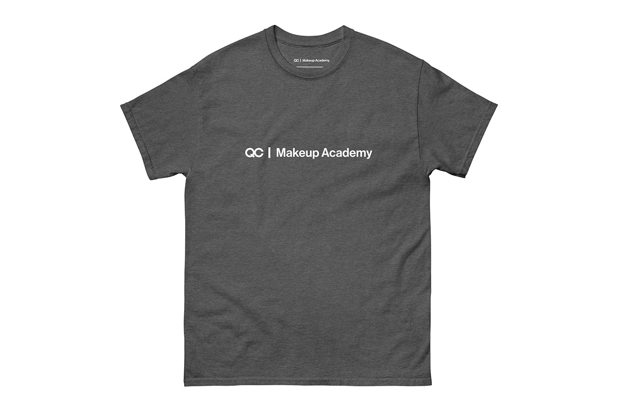 Gray t-shirt with 'QC Makeup Academy' text on a white background