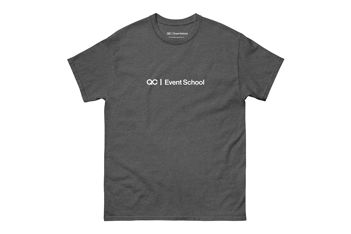 Gray t-shirt with 'QC Event School' text on a white background