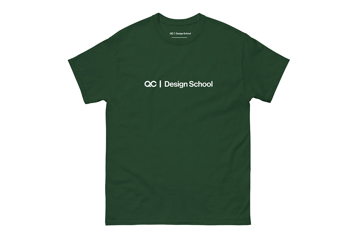 Dark Green t-shirt with 'QC Design School' logo on a white background